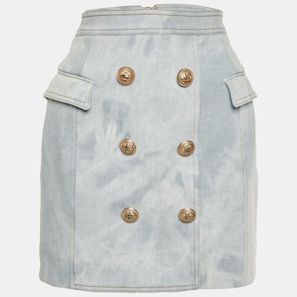 Balmain Blue Denim Zip Up Mini Skirt M